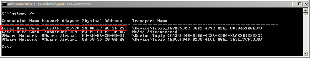 Windows 'getmac' command Windows 'getmac' command